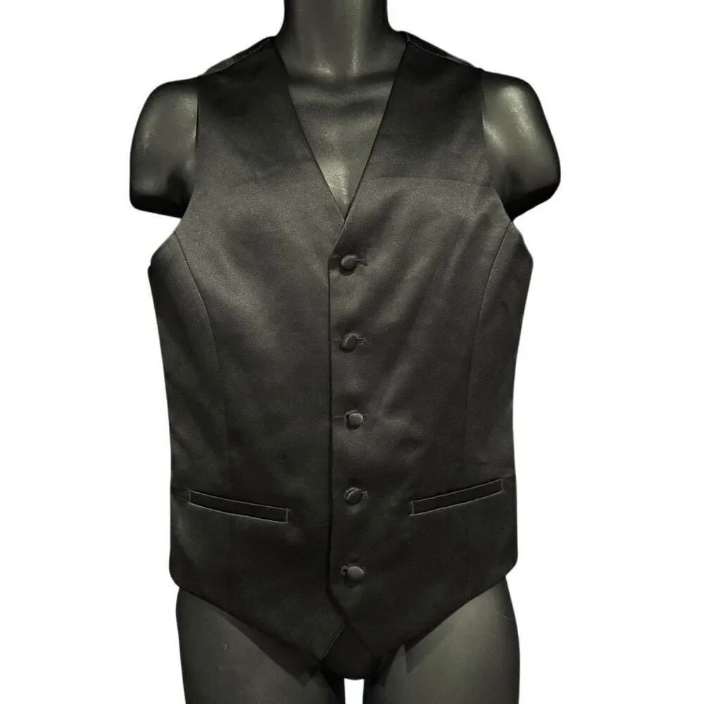 JF J. Ferrar Black 5 Button Satin Tuxedo Suit Dress Vest Slim Fit Men’s Small